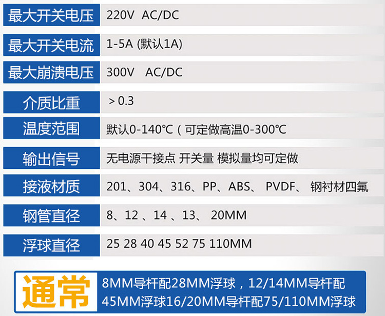 投入式浮球液位計技術參數對照表