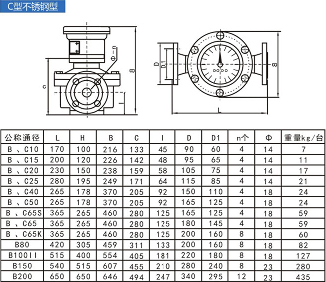 不銹鋼型柴油流量計結(jié)構(gòu)尺寸對照表